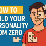 "Illustration of a man fitting puzzle pieces into his head symbolizing personal growth, with text 'How to Build Your Personality from Zero'."