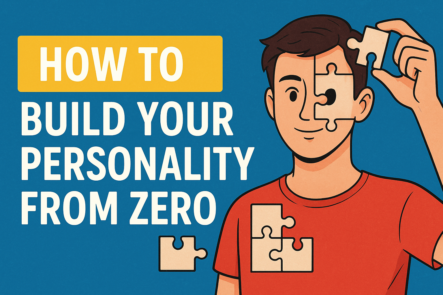 "Illustration of a man fitting puzzle pieces into his head symbolizing personal growth, with text 'How to Build Your Personality from Zero'."
